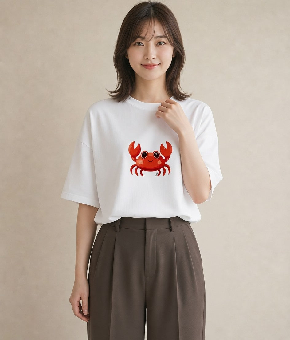 グラフィックTシャツ レディース カニ 海の生き物 海 イラスト 韓国風 旅行用 白T YMAZO