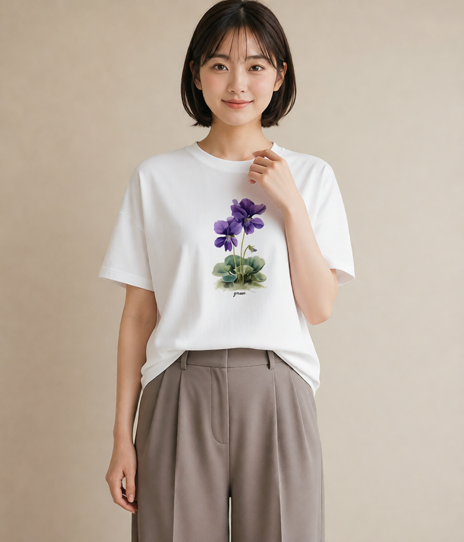 グラフィックTシャツ レディース パンジー 花 花柄 イラスト 普段使い 通学 誕生日プレゼント 白T