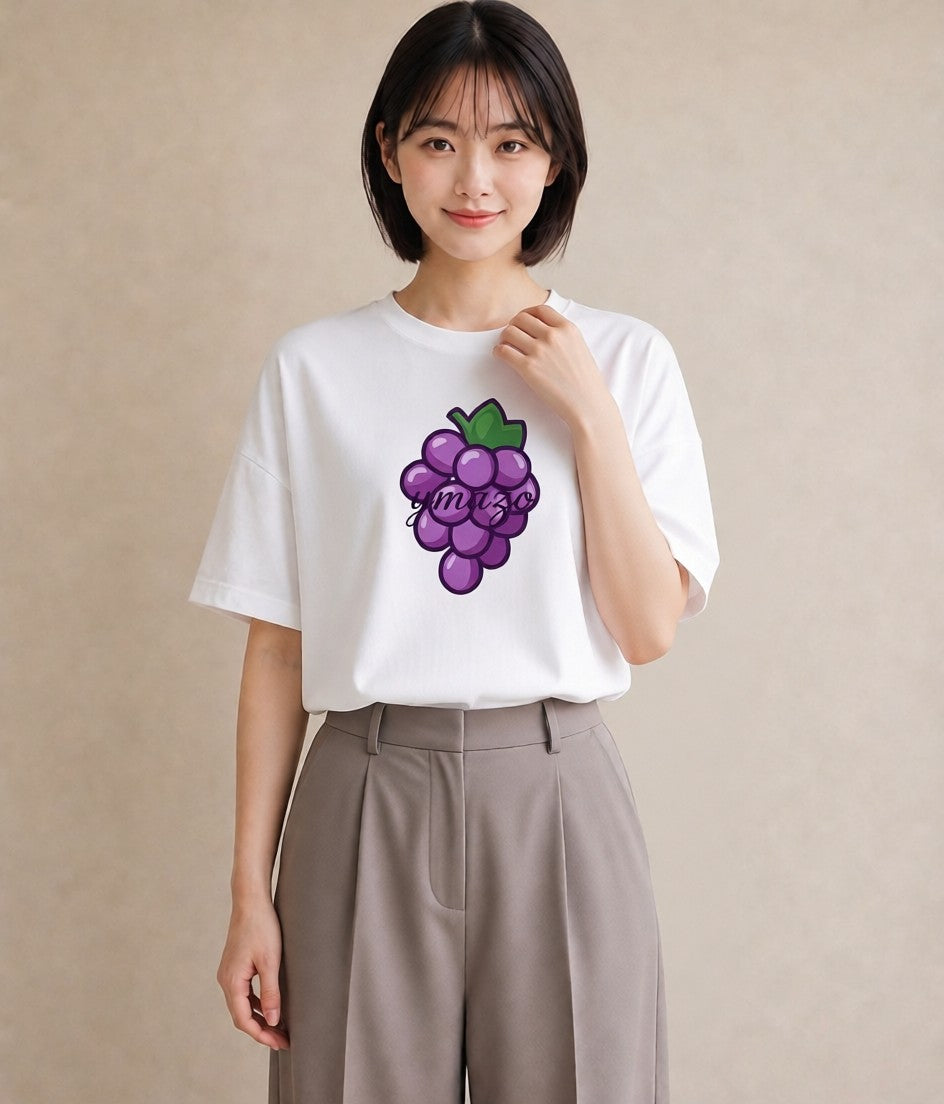 Tシャツ レディース ぶどう 葡萄 食べ物 フード イラスト きれいめカジュアル ミセス 春コーデ 白T YMAZO