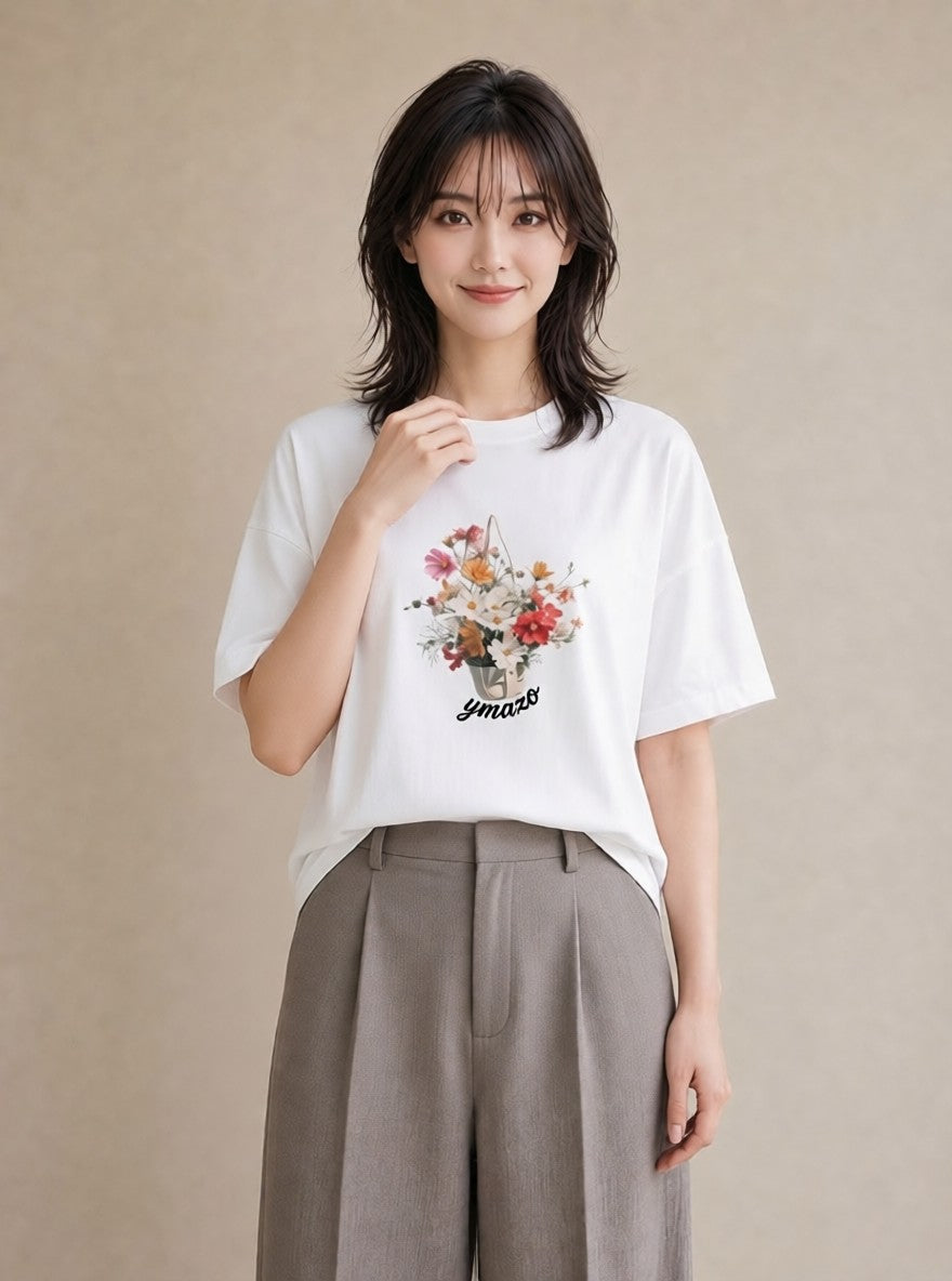プリントTシャツ レディース 自転車のかご 自転車 花かご ナチュラル アンティーク イラスト 秋コーデ おしゃれギフト 白T YMAZO