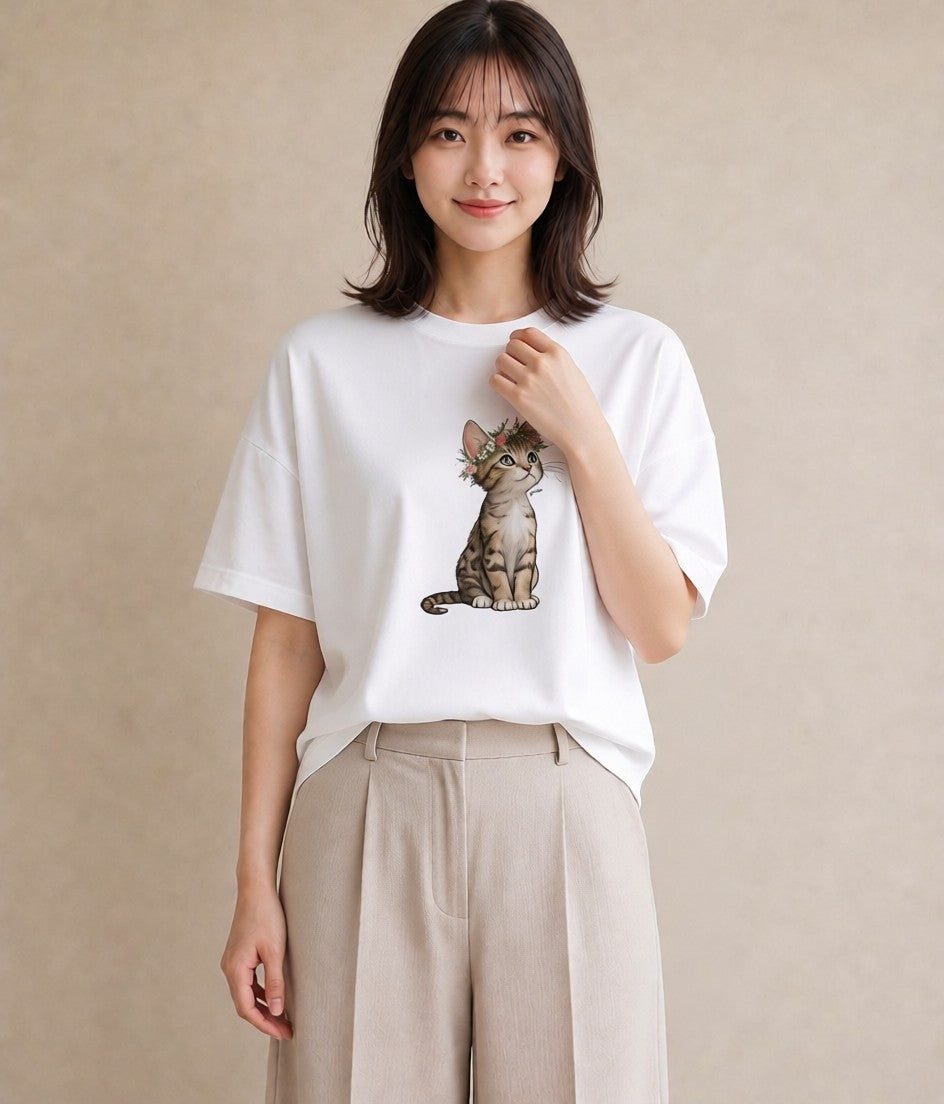 半袖Tシャツ レディース ねこ 猫 ネコ イラスト シック 春服 ミセス 白T YMAZO
