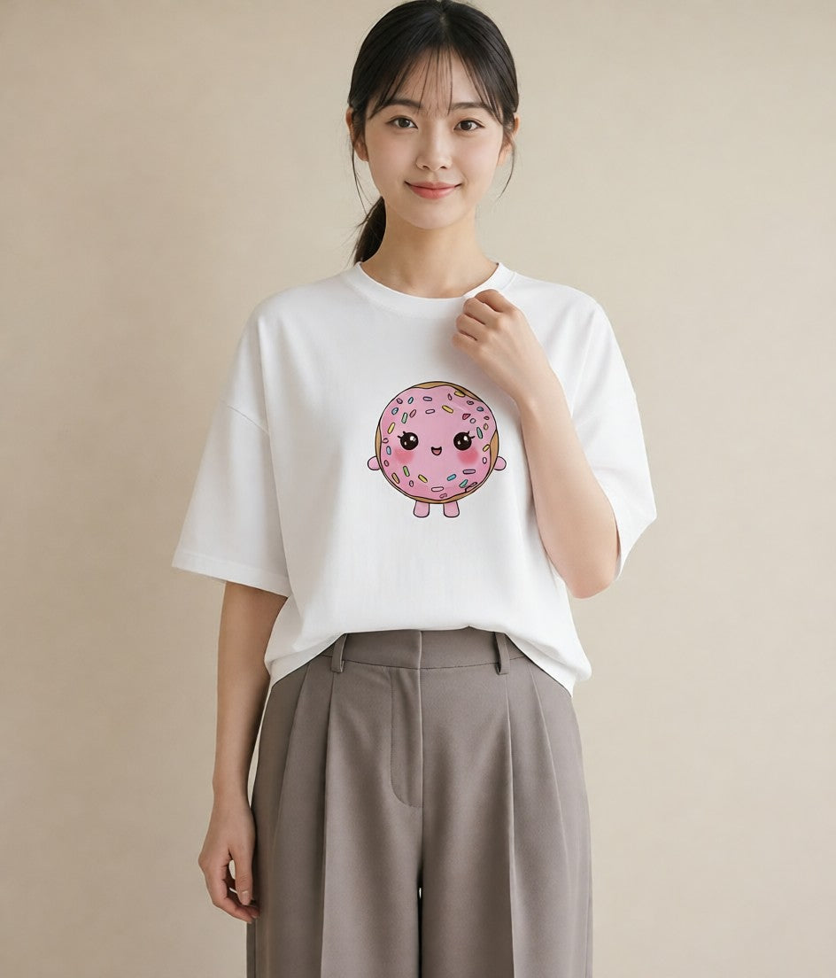 グラフィックTシャツ レディース ドーナツ 食べ物 フード イラスト 淡色 20代 カジュアルコーデ 白T YMAZO