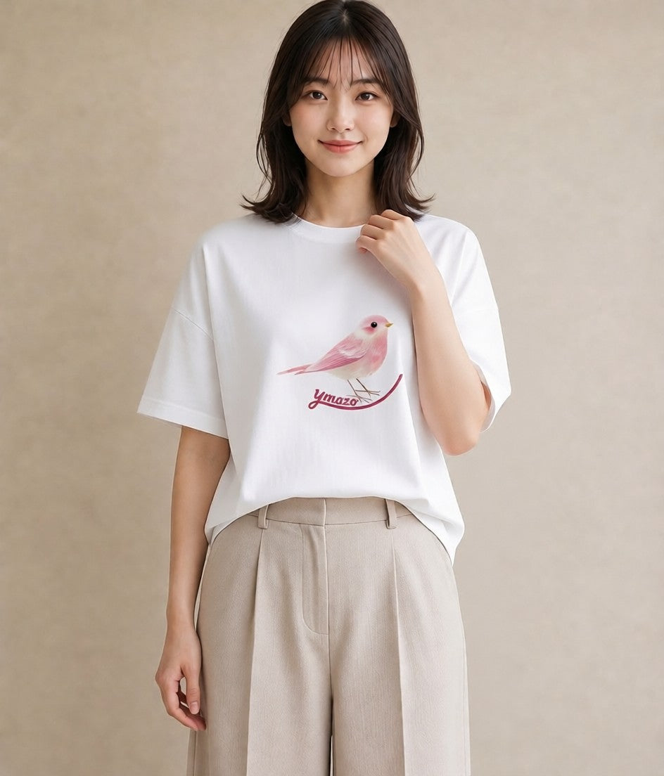 Tシャツ レディース 小鳥 ペット 動物 イラスト ガーリー ラフ レイヤード 白T YMAZO