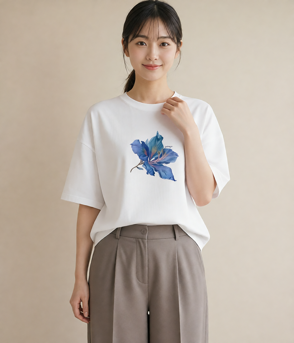 半袖Tシャツ レディース あさがお 朝顔 花 花柄 イラスト アート風 海 カフェ巡り 白T