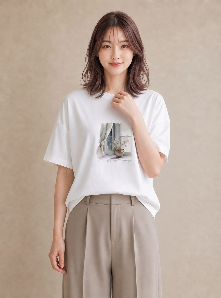 グラフィックTシャツ レディース 窓辺の雨 雨の日 窓 ナチュラル アンティーク イラスト 普段使い ペアコーデ 秋コーデ 白T YMAZO