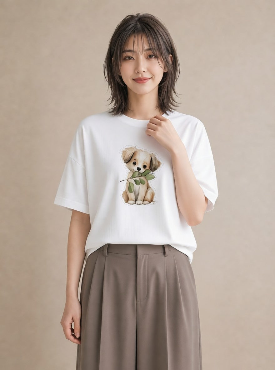 Tシャツ レディース 犬 いぬ イラスト 上品 母娘コーデ 自分用 白T YMAZO