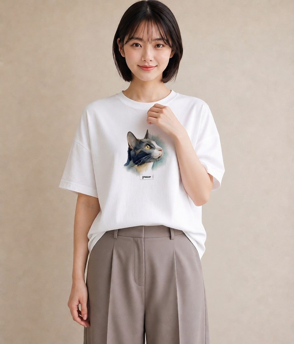 半袖Tシャツ レディース ハチワレ 白黒猫 猫 ねこ イラスト きれいめ ラフ レイヤード 白T YMAZO