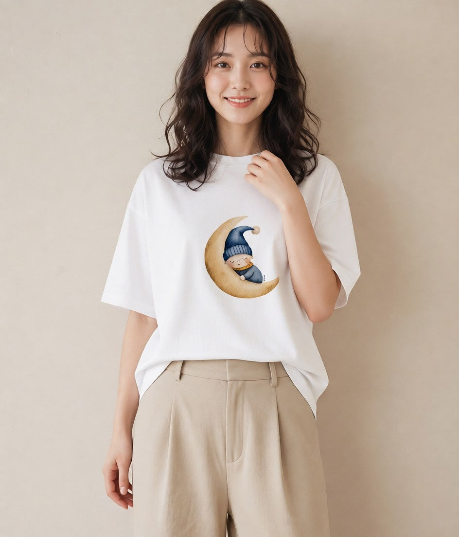 Tシャツ レディース 三日月 星空 宇宙 イラスト アート風 ミセス 春コーデ 白T YMAZO