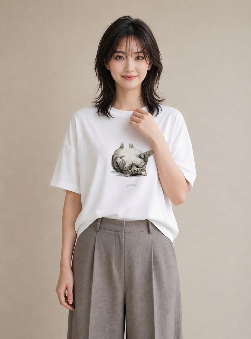 グラフィックTシャツ レディース ラグドール 猫 ねこ イラスト きれいめカジュアル 送別ギフト 通勤 白T YMAZO