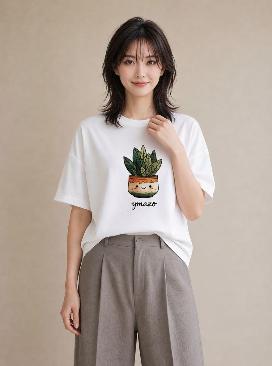 デザインTシャツ レディース サボテン 植物 ボタニカル イラスト 休日コーデ ママ カフェ服 白T YMAZO