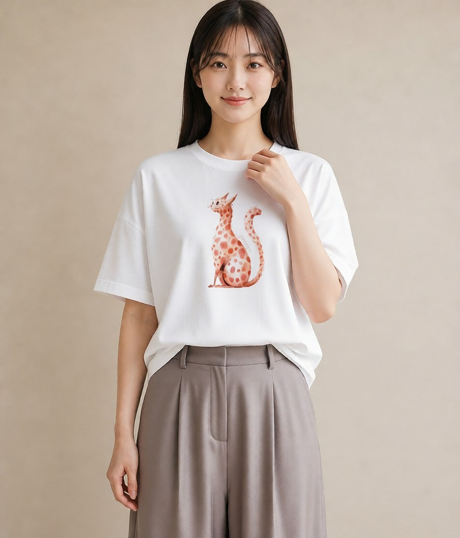 半袖Tシャツ レディース おすわり猫 猫 ねこ イラスト ユニーク 公園 ママ 白T YMAZO