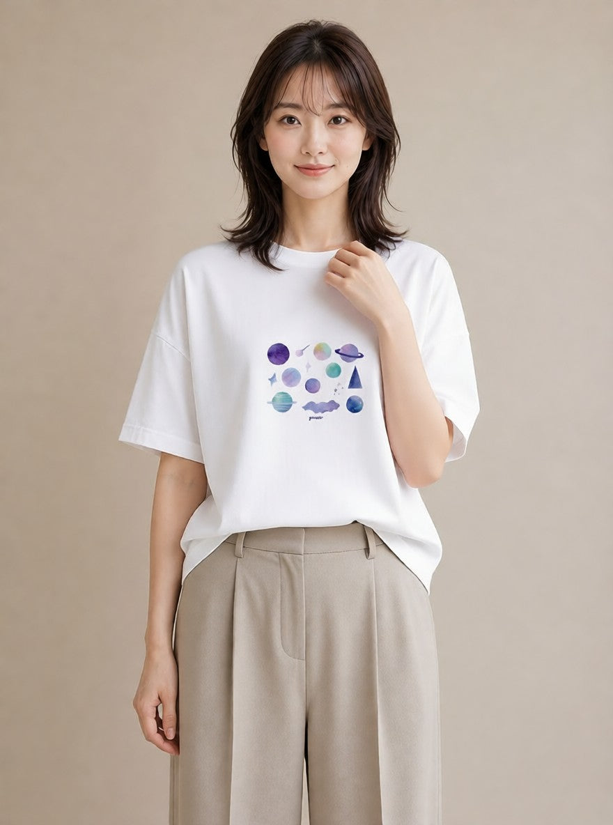 デザインTシャツ レディース 天の川 星空 宇宙 イラスト シック おしゃれギフト 社会人 白T YMAZO