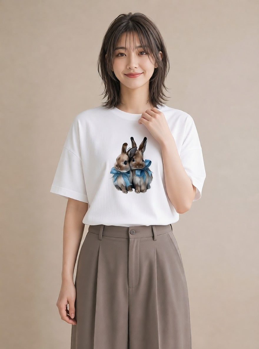 プリントTシャツ レディース ネザーランドドワーフ ペット 動物 イラスト 可愛い 通勤 在宅 白T YMAZO