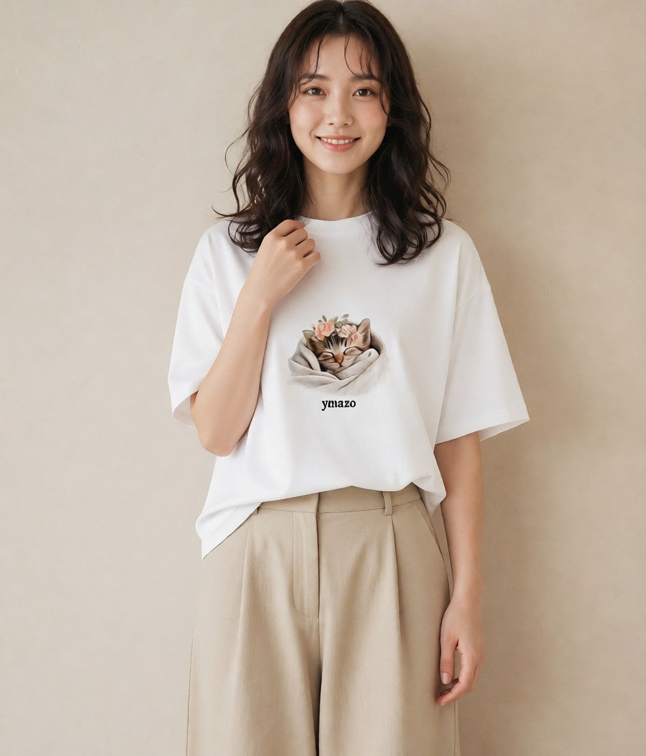 グラフィックTシャツ レディース 子猫 猫 ねこ イラスト 抜け感 親子 20代 白T YMAZO