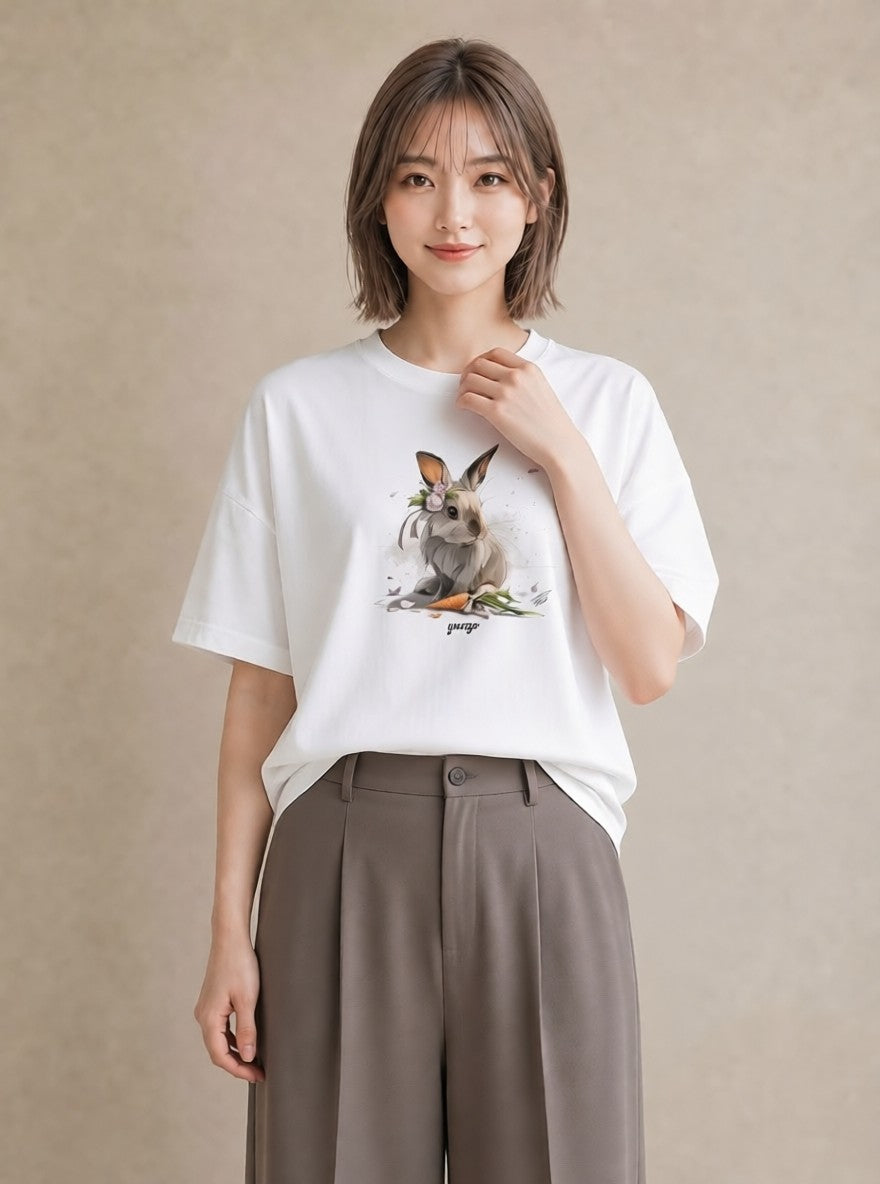 半袖Tシャツ レディース ホーランドロップ ペット 動物 イラスト シック 春服 ミセス 白T YMAZO