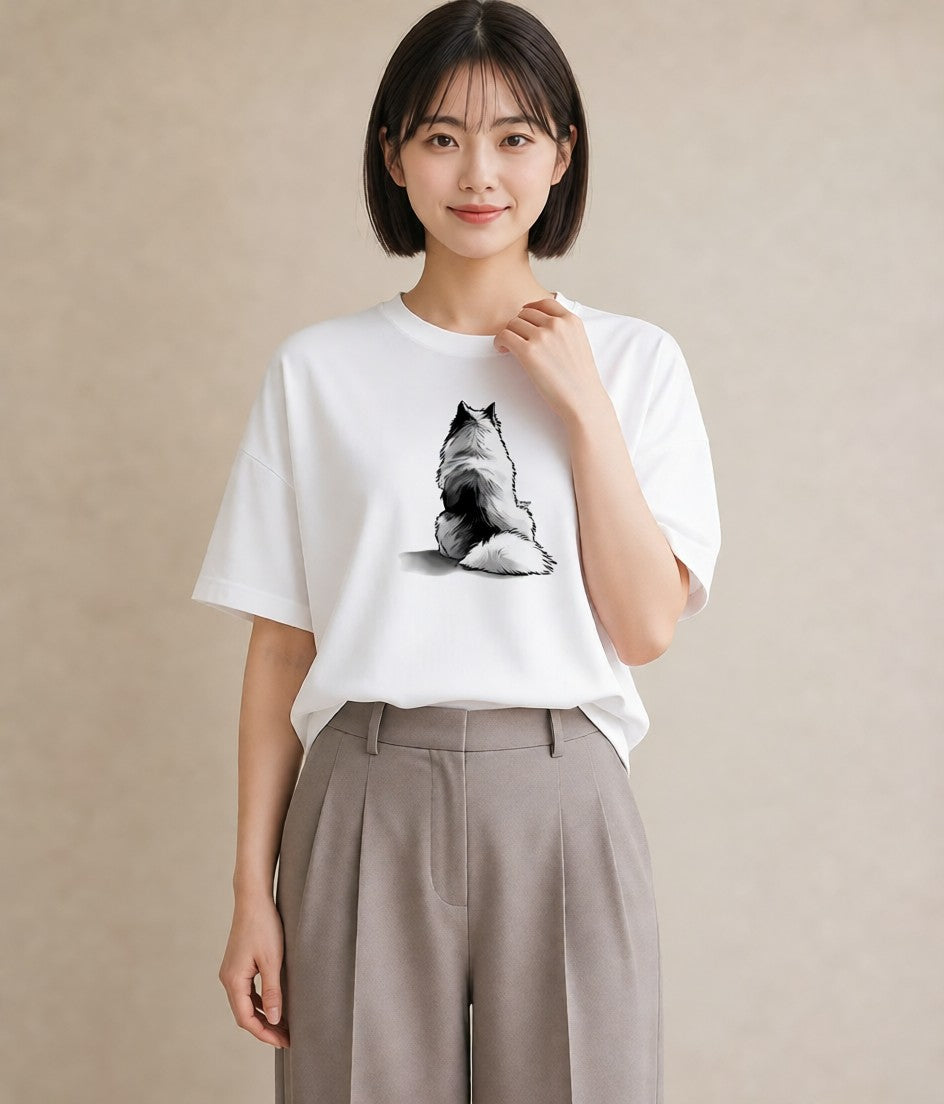 グラフィックTシャツ レディース サモエド 犬 いぬ イラスト 線画 カジュアルコーデ 買い物 白T YMAZO
