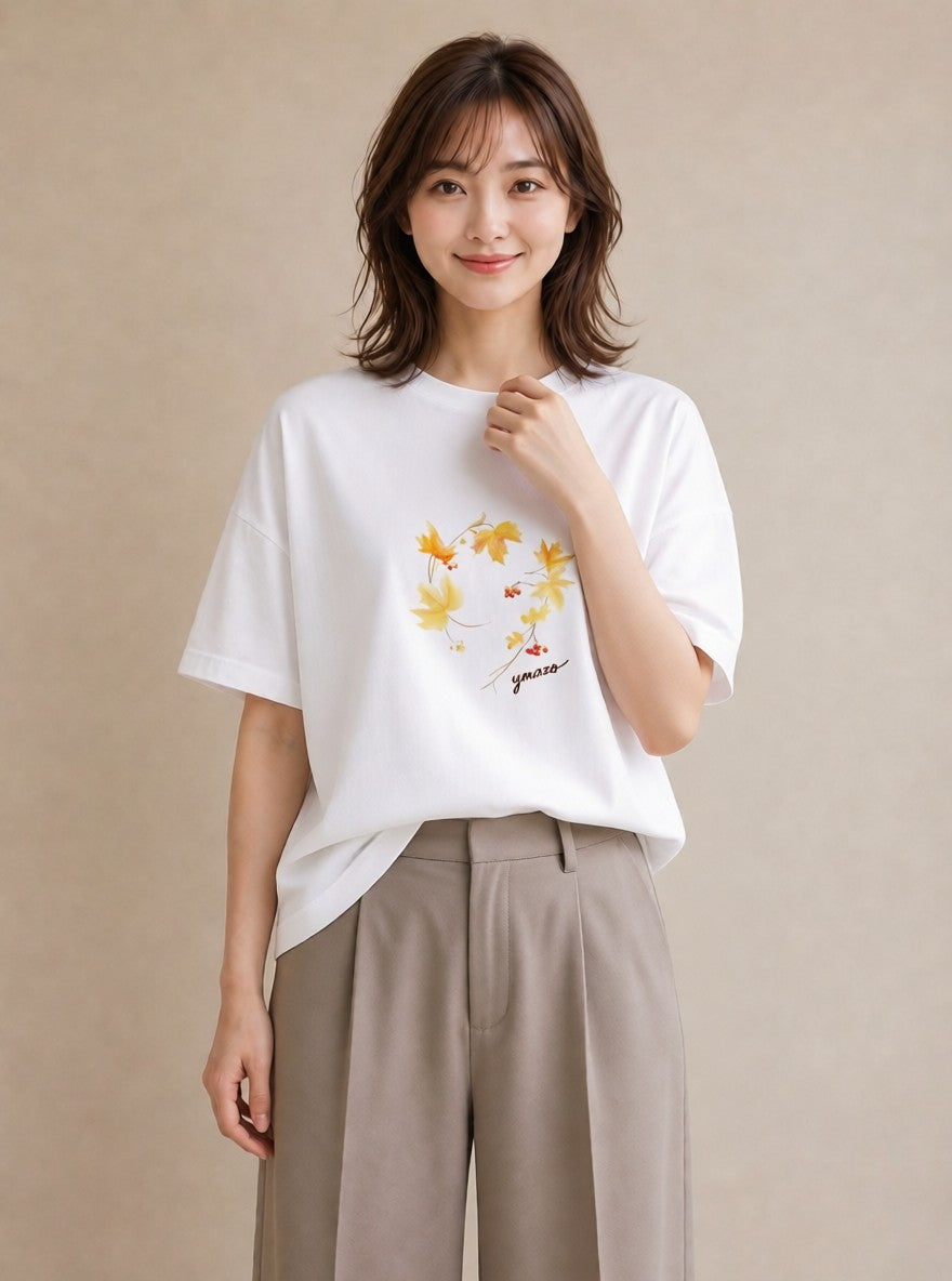 半袖Tシャツ レディース 落ち葉 植物 ボタニカル イラスト ミニマル 20代 カジュアルコーデ 白T YMAZO