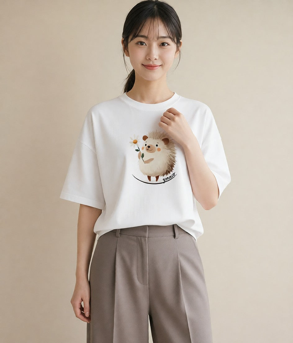 プリントTシャツ レディース ハリネズミ ペット 動物 イラスト 休日コーデ 社会人 女性 白T YMAZO