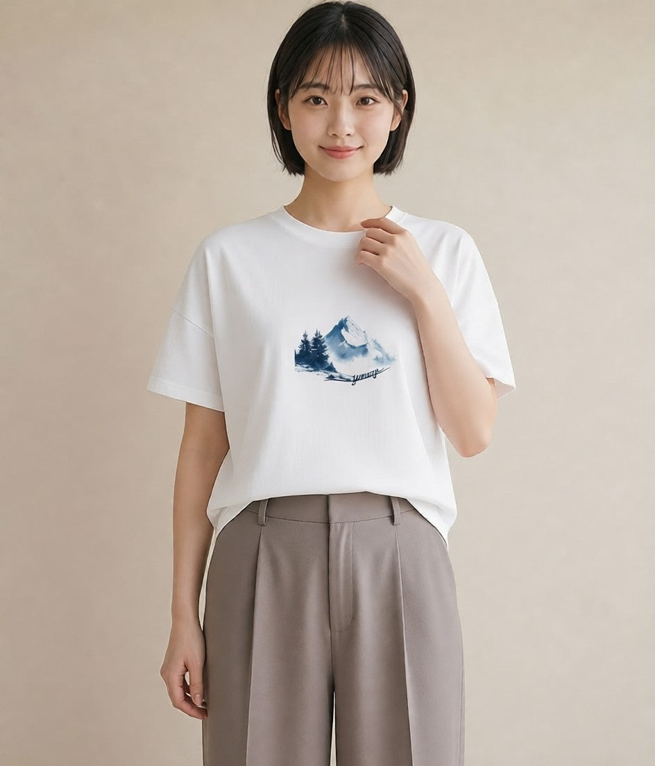 デザインTシャツ レディース 山 星空 宇宙 イラスト レトロ ギフト 母の日 白T YMAZO