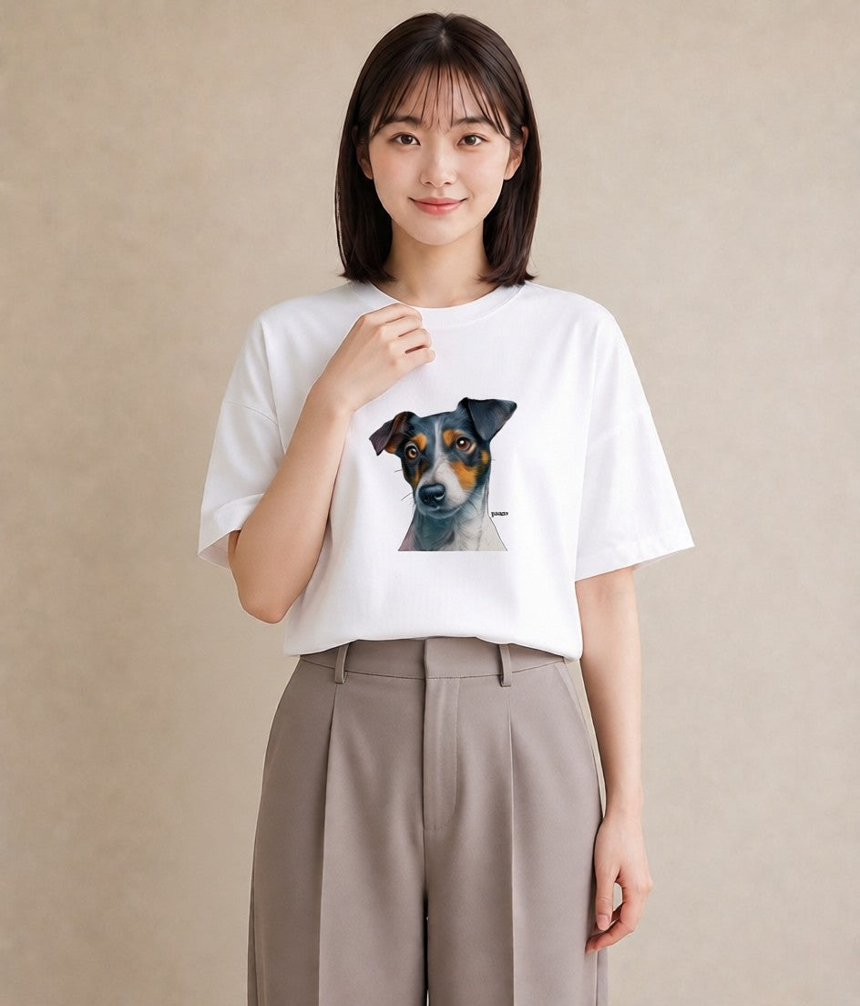Tシャツ レディース ジャックラッセルテリア 犬 いぬ イラスト ニュアンス 綿100 デート 白T YMAZO