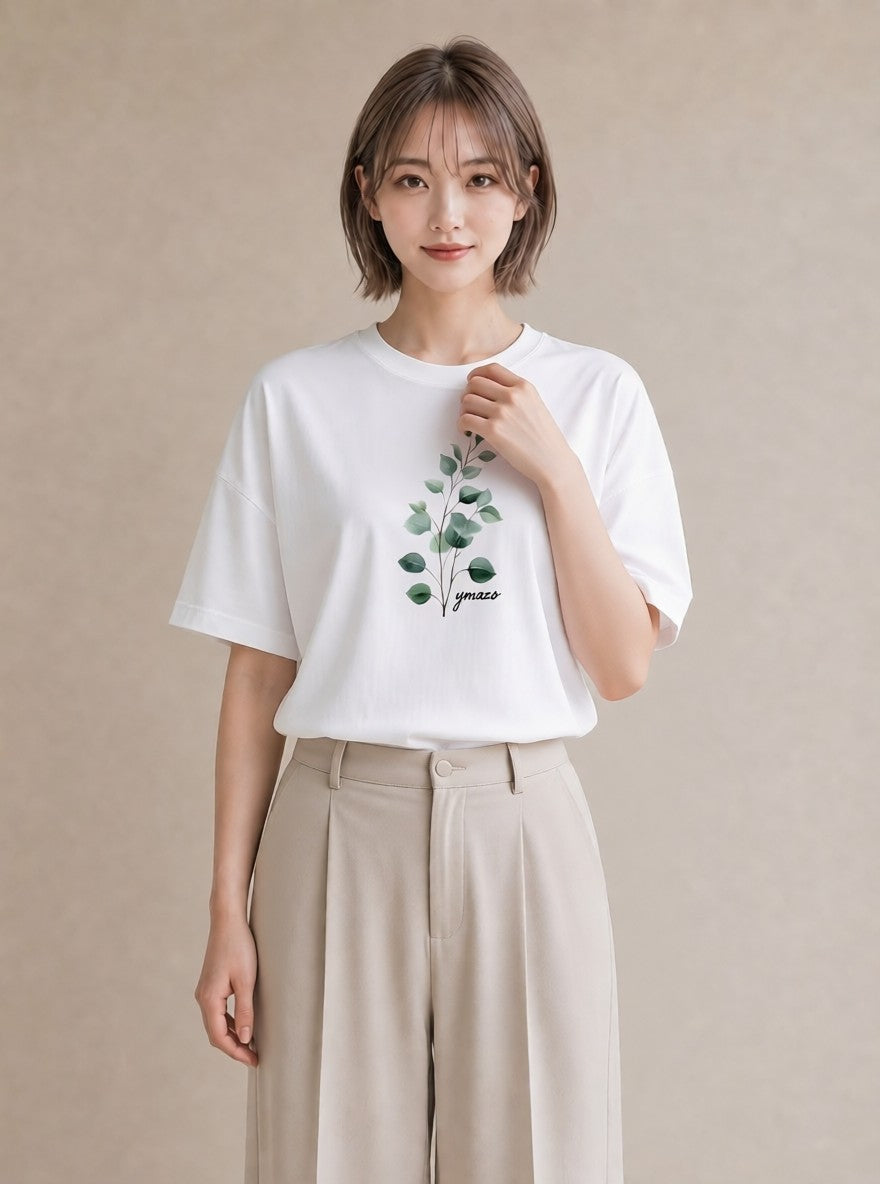 グラフィックTシャツ レディース 苔 植物 ボタニカル イラスト アート風 ミセス 春コーデ 白T YMAZO