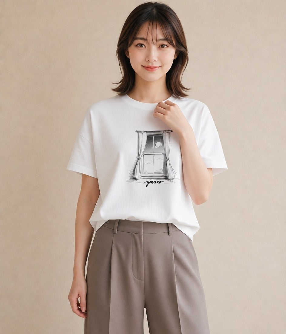 プリントTシャツ レディース 窓辺の雨 雨の日 窓 ナチュラル アンティーク イラスト ゆるコーデ 母娘コーデ 自分用 白T YMAZO