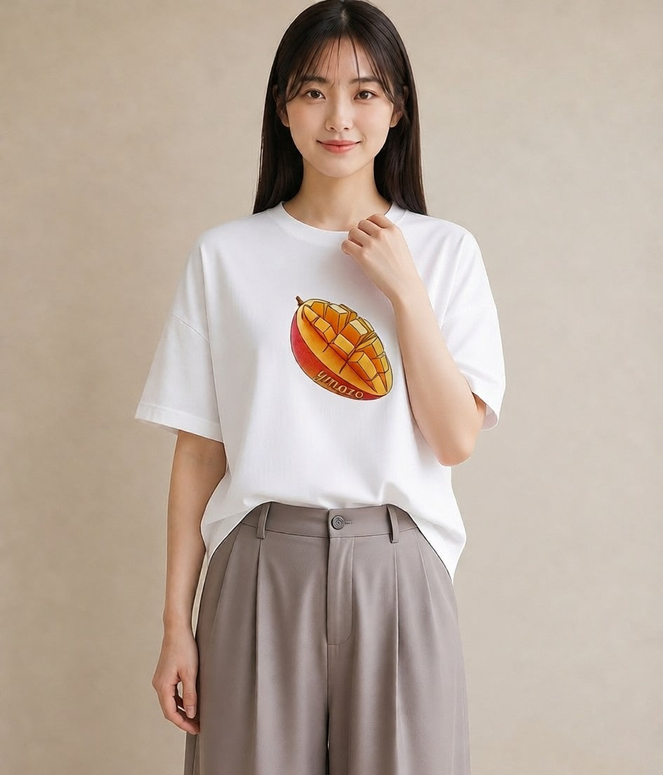 Tシャツ レディース もも 食べ物 フード イラスト 淡色 春服 ミセス 白T YMAZO
