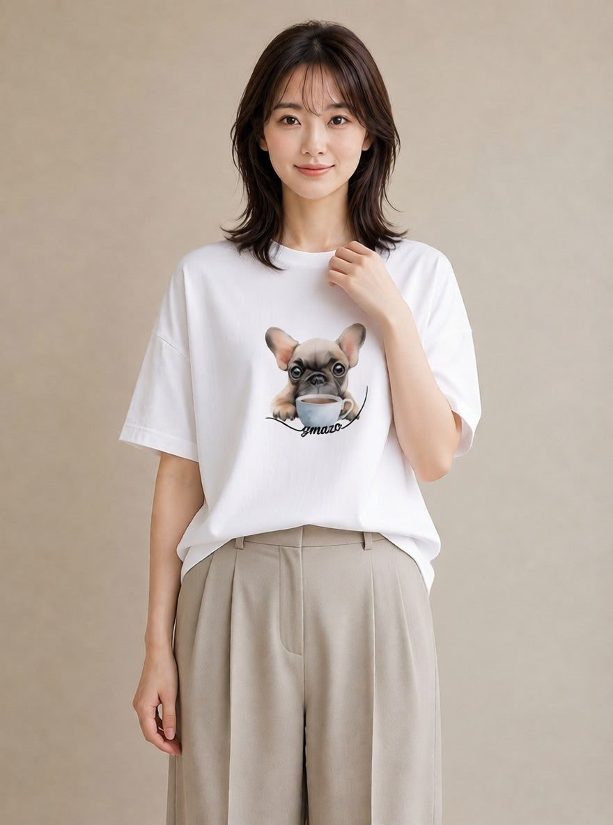 グラフィックTシャツ レディース フレンチブルドッグ フレブル 犬 いぬ イラスト 旅行コーデ ミセス 春コーデ 白T YMAZO