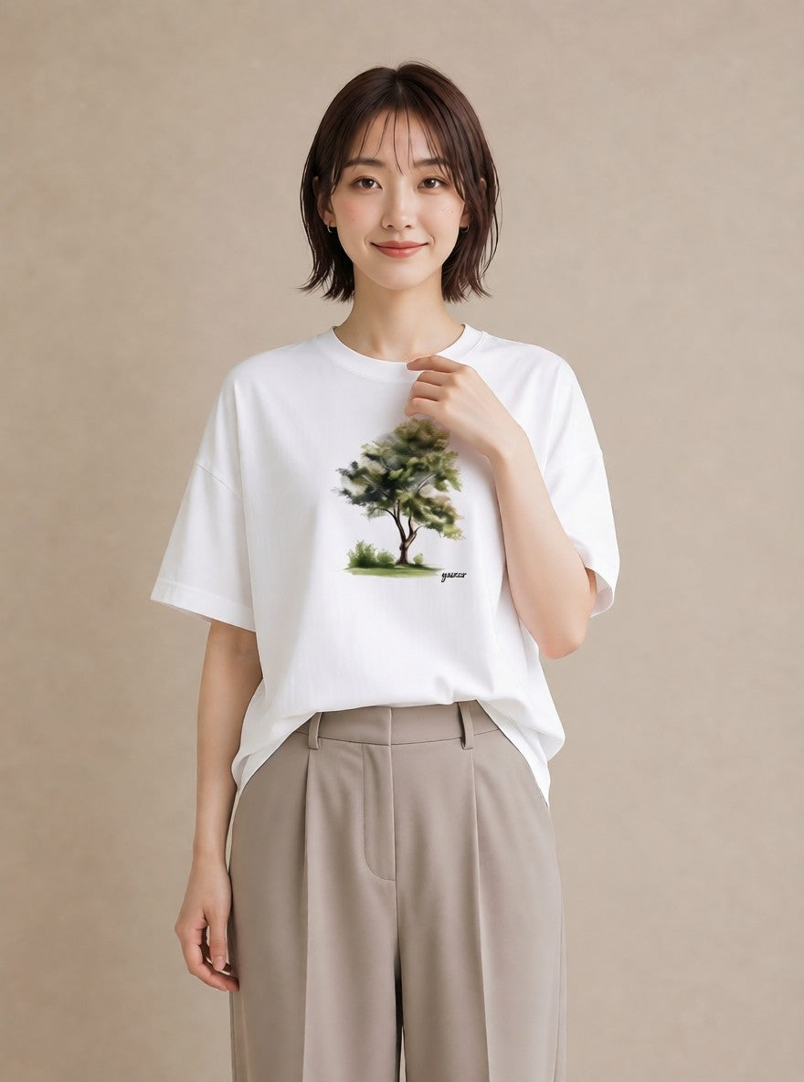 デザインTシャツ レディース 木 植物 ボタニカル イラスト 韓国風 ホワイトデー 春服 白T YMAZO