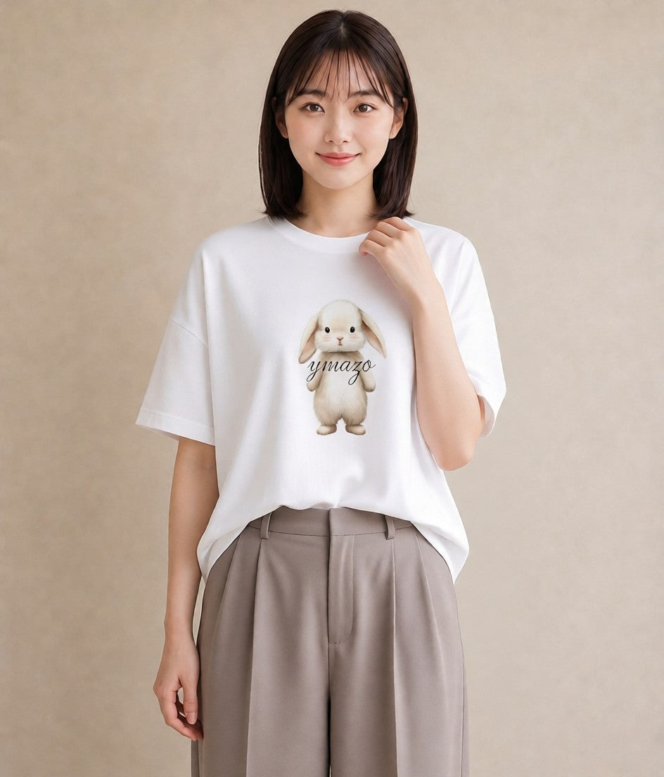 半袖Tシャツ レディース ライオンラビット ペット 動物 イラスト ヴィンテージ風 ミセス 春コーデ 白T YMAZO