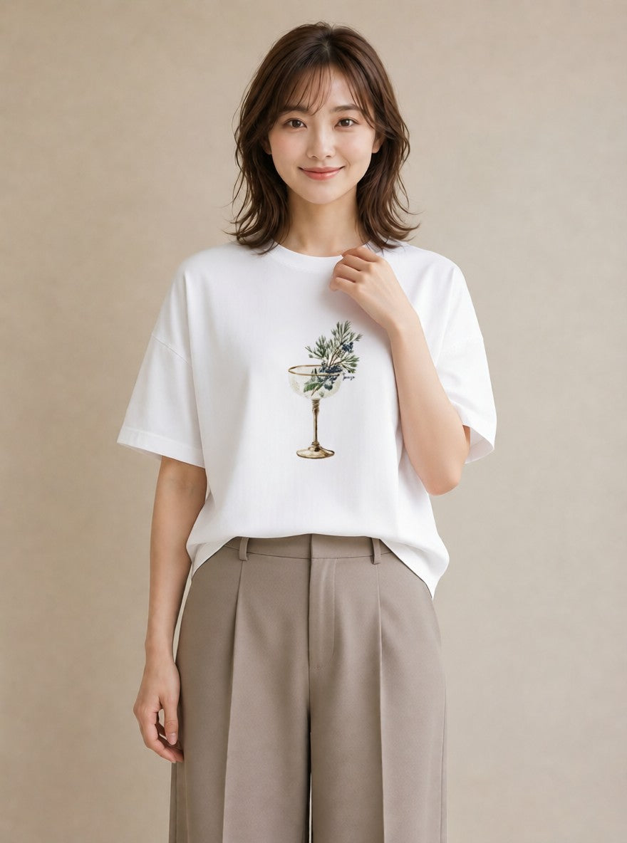 グラフィックTシャツ レディース ガラス瓶 小枝 ボタニカル ナチュラル アンティーク イラスト お洒落 自分用 ルームウェア 白T YMAZO