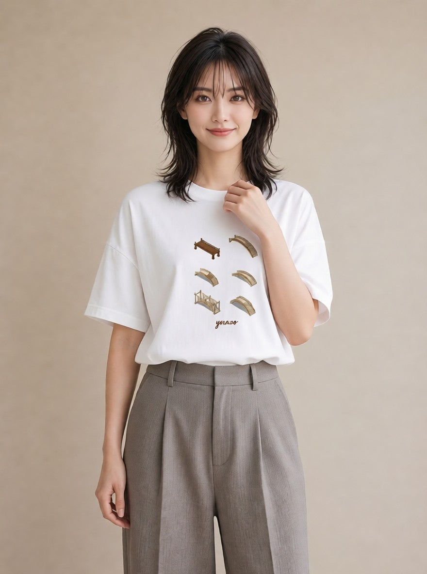 デザインTシャツ レディース 小川 橋 せせらぎ ナチュラル アンティーク イラスト 北欧風 海 カフェ巡り 白T YMAZO