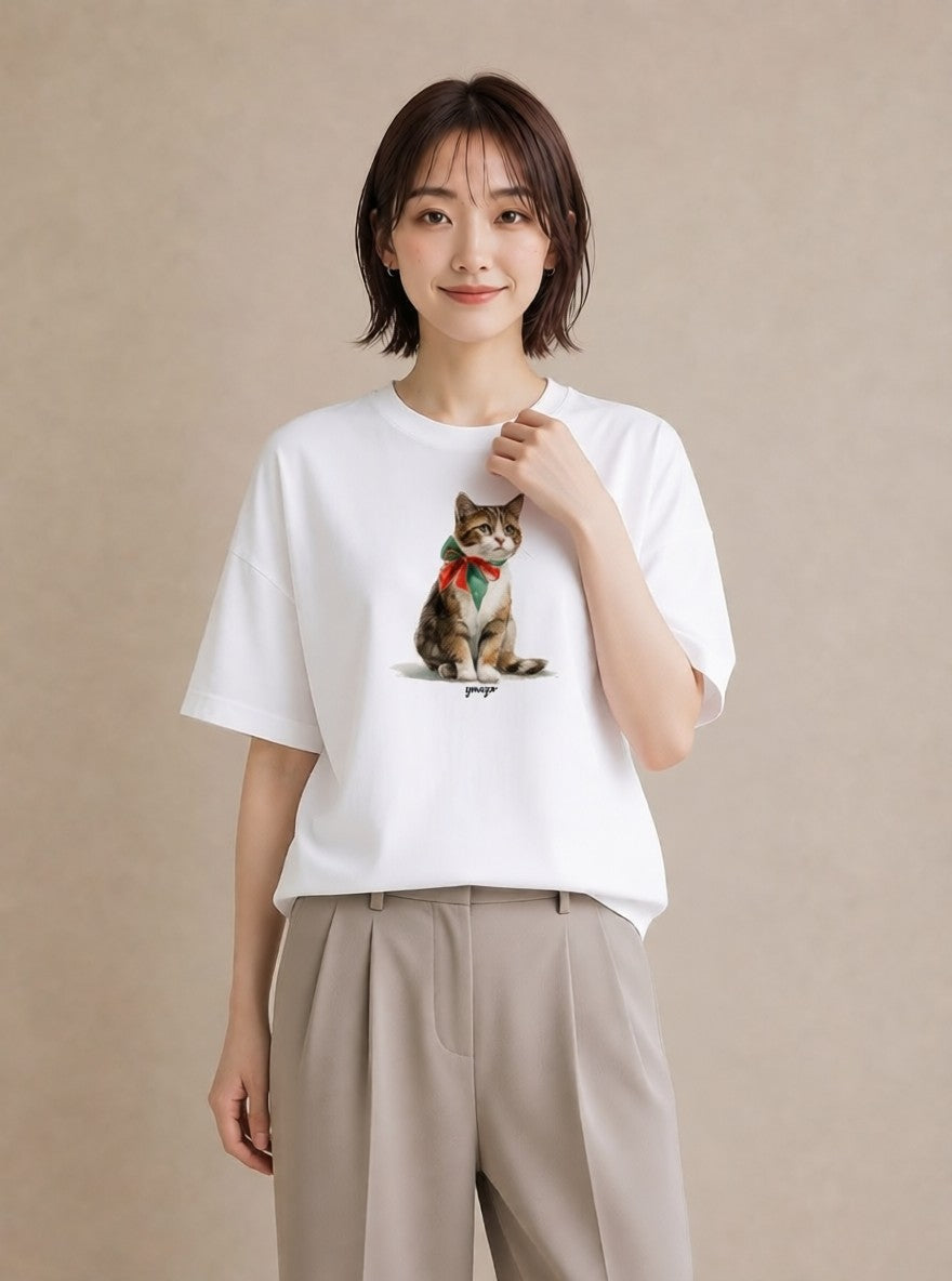 半袖Tシャツ レディース サバトラ 猫 ねこ イラスト シック ビーチ デイリーウェア 白T YMAZO