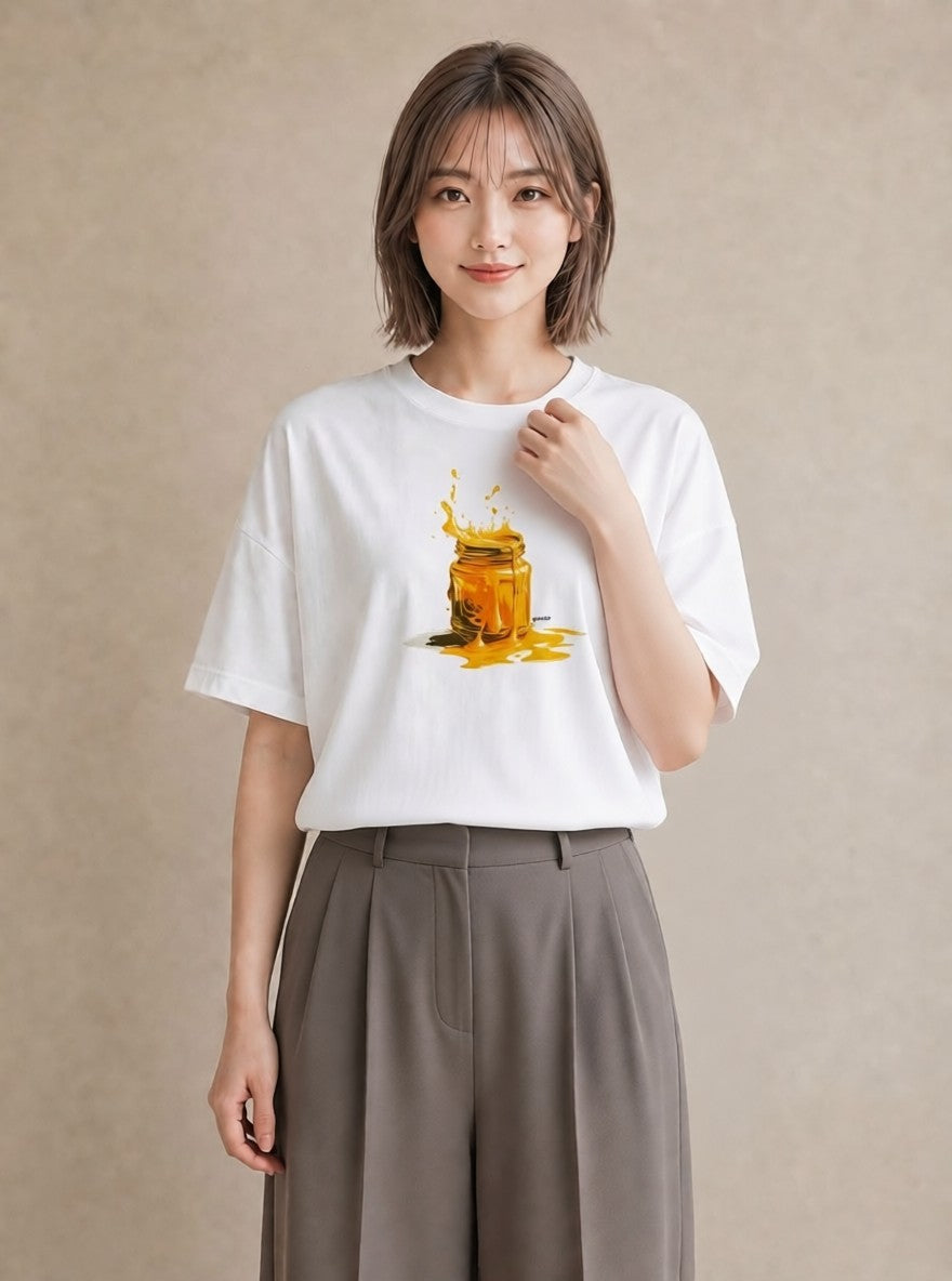 グラフィックTシャツ レディース ハニー 食べ物 フード イラスト ラフ 休日 ペアコーデ 白T YMAZO