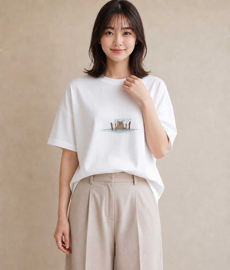 グラフィックTシャツ レディース 小川 橋 せせらぎ ナチュラル アンティーク イラスト モード カフェ服 クリスマス 白T YMAZO