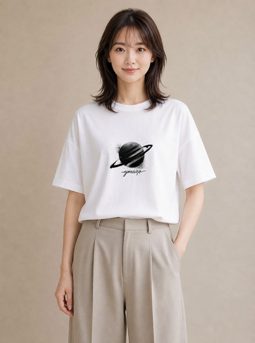 デザインTシャツ レディース 土星 星空 宇宙 イラスト 手描き風 ミセス 春コーデ 白T YMAZO