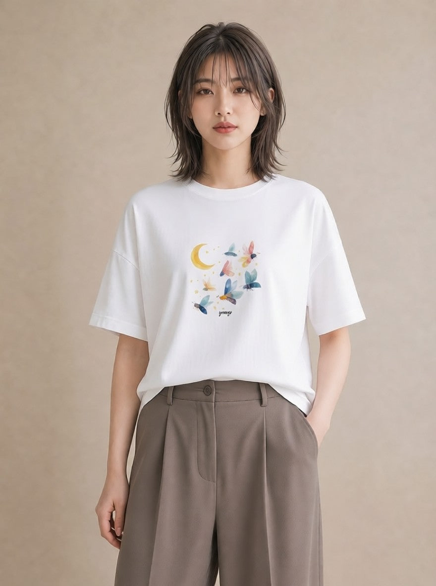 半袖Tシャツ レディース 満月 星空 宇宙 イラスト 上品 散歩 お出かけ 白T YMAZO