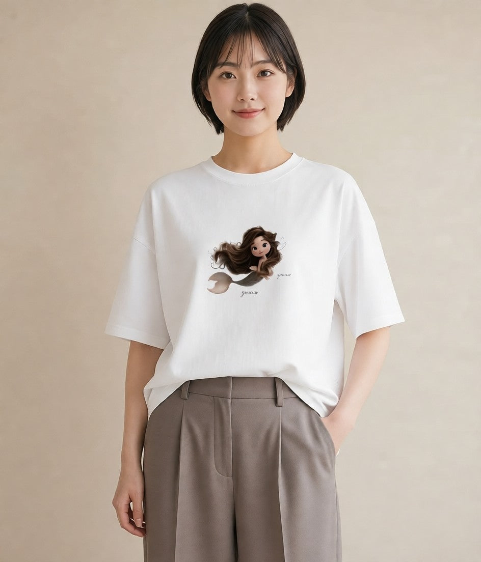 デザインTシャツ レディース 人魚 海の生き物 海 イラスト 誕生日プレゼント 綿100 白T YMAZO