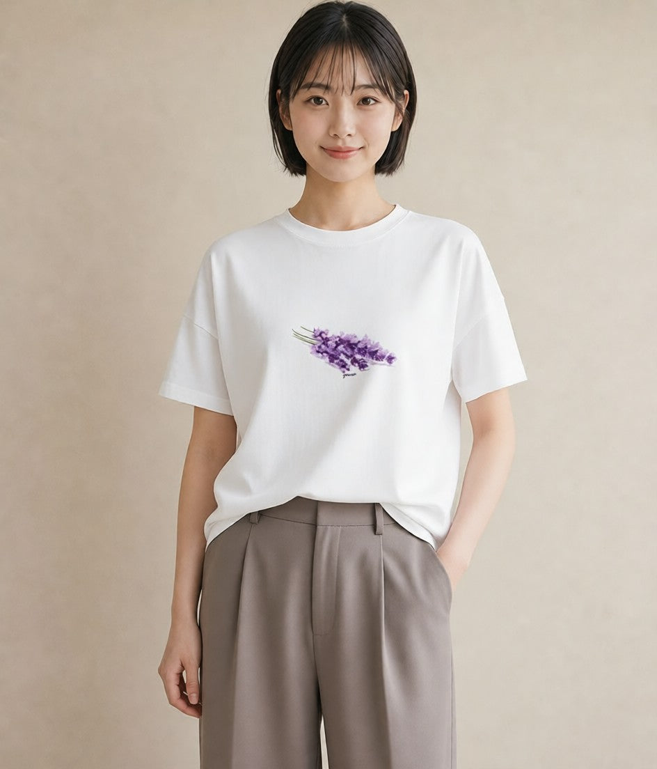 半袖Tシャツ レディース ラベンダー 花 花柄 イラスト カフェコーデ 誕生日プレゼント 綿100 白T YMAZO