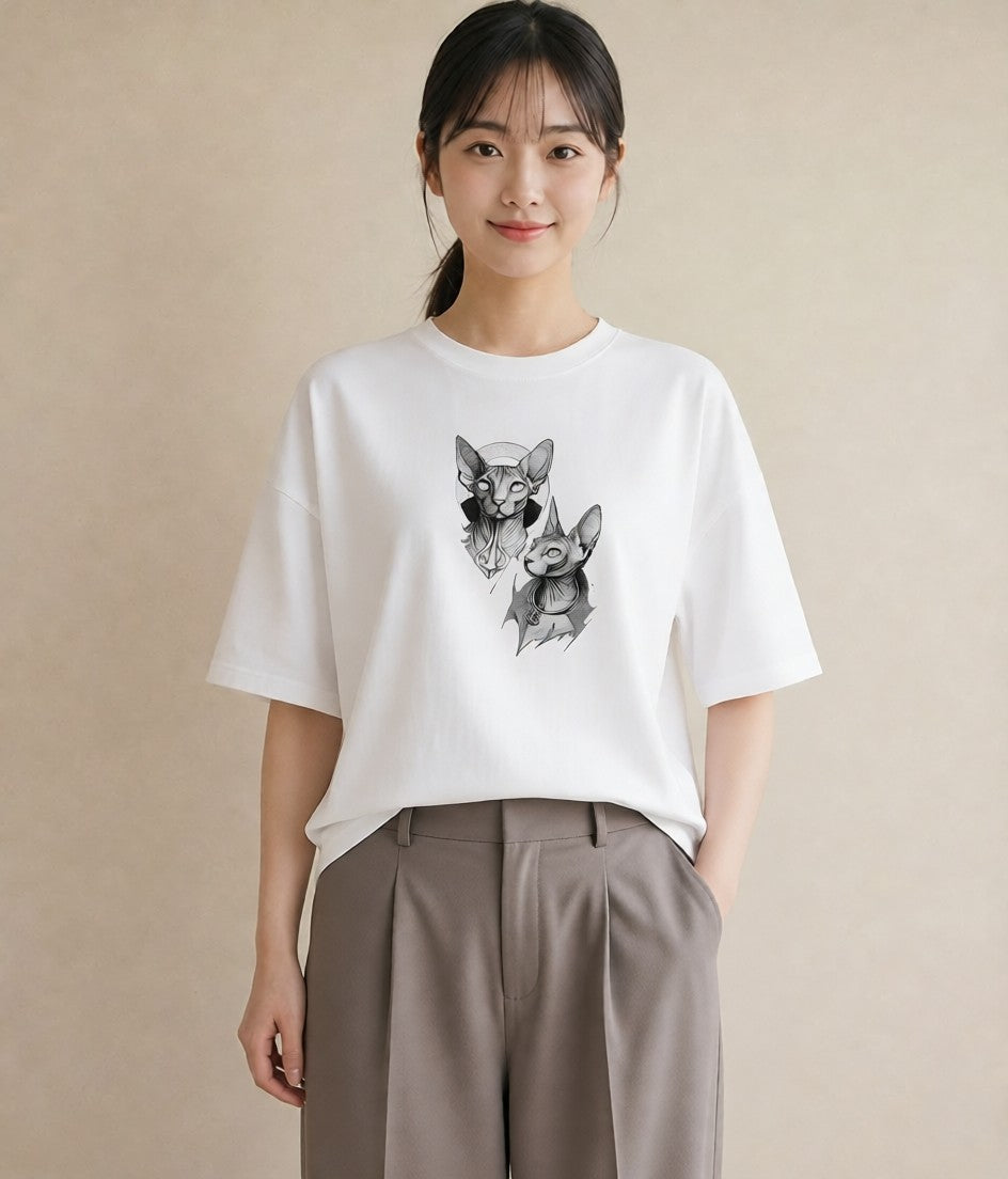 Tシャツ レディース スフィンクス 猫 ねこ イラスト お洒落 送別ギフト 通勤 白T YMAZO
