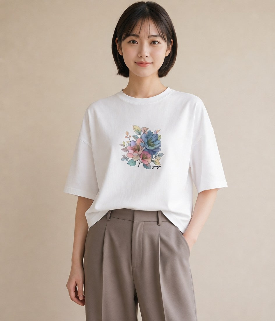 デザインTシャツ レディース あさがお 朝顔 花 花柄 イラスト シック 姉妹 送別ギフト 白T YMAZO