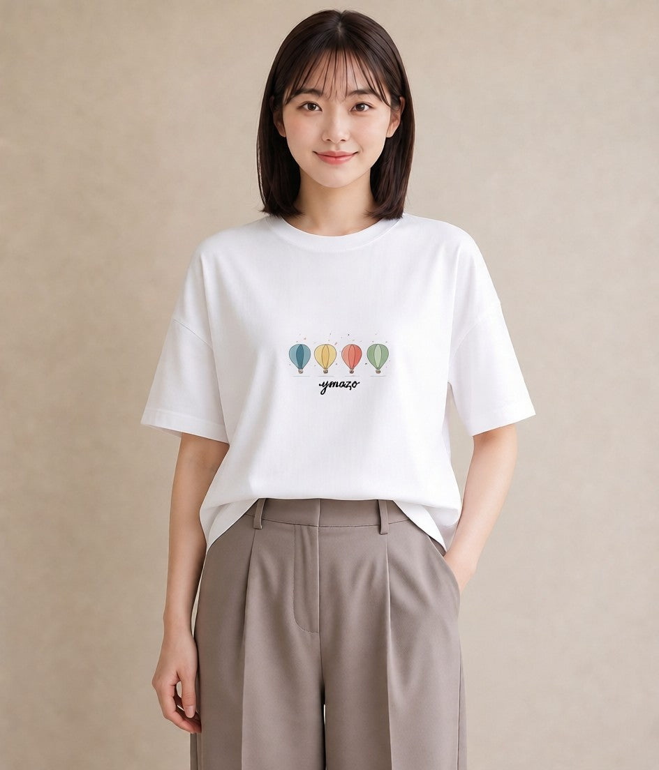 半袖Tシャツ レディース 紙風船 和紙 ナチュラル アンティーク イラスト 淡色 送別ギフト 通勤 白T YMAZO