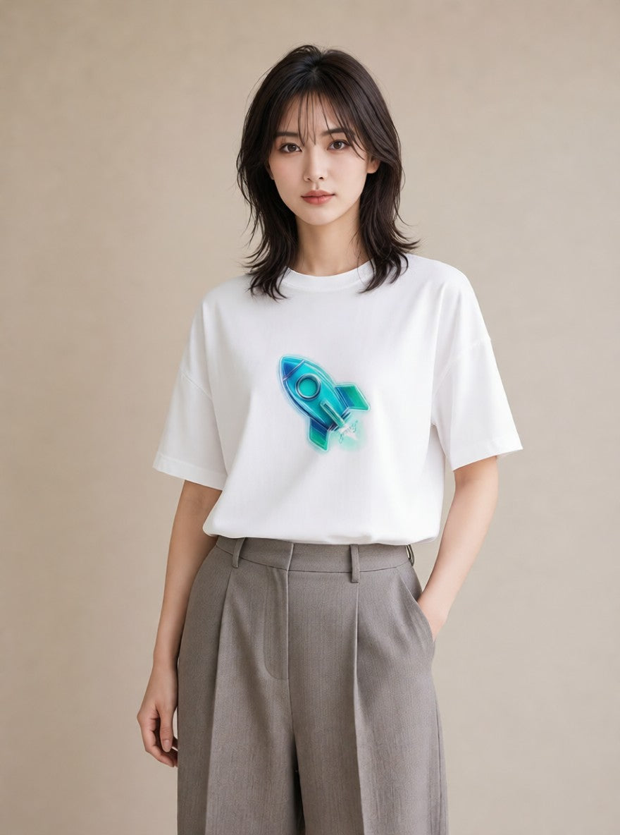 デザインTシャツ レディース ロケット 星空 宇宙 イラスト 個性的 在宅 公園 白T YMAZO