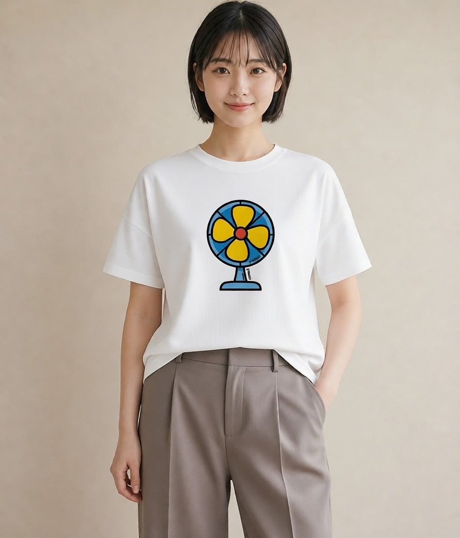 Tシャツ レディース 扇子 そよ風 ナチュラル アンティーク イラスト ラフ レイヤード 白T YMAZO