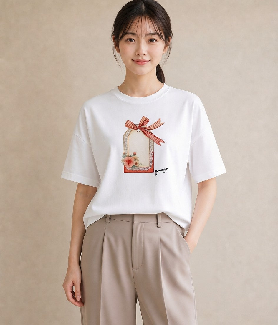 プリントTシャツ レディース 手鏡 アンティーク レトロ ナチュラル イラスト アート風 ビーチ デイリーウェア 白T YMAZO