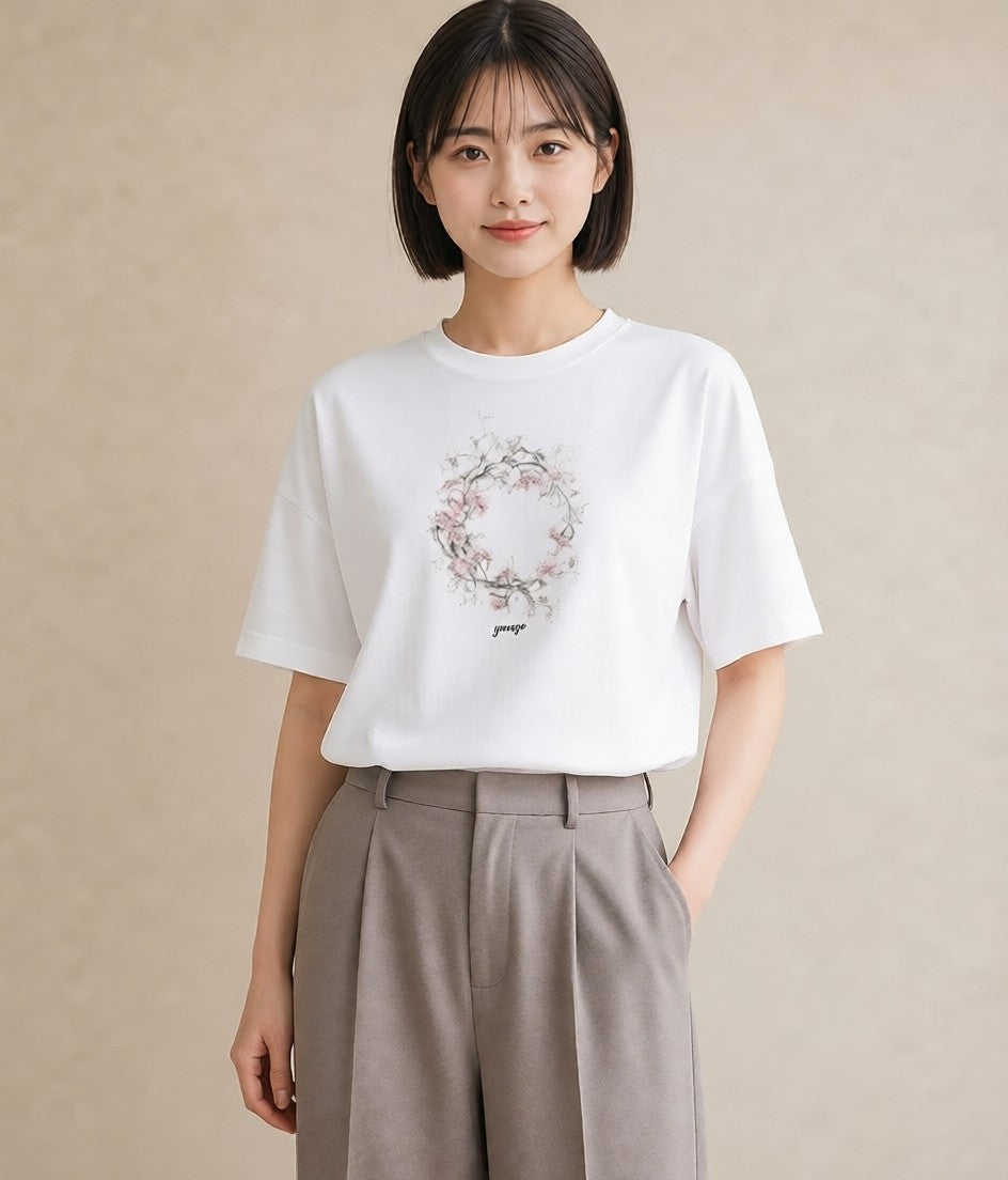 Tシャツ レディース レースハンカチ レース ハンカチ ナチュラル アンティーク イラスト アート風 春服 ミセス 白T YMAZO