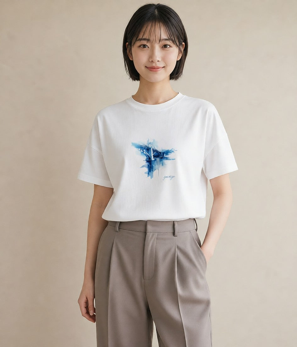 デザインTシャツ レディース 小川 橋 せせらぎ ナチュラル アンティーク イラスト 休日コーデ 女性 旅行用 白T YMAZO