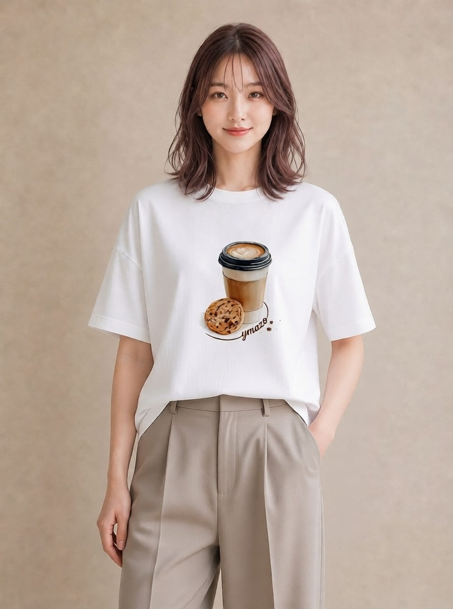 プリントTシャツ レディース コーヒー 珈琲 カフェ 食べ物 フード イラスト ユニーク 通学 誕生日プレゼント 白T YMAZO