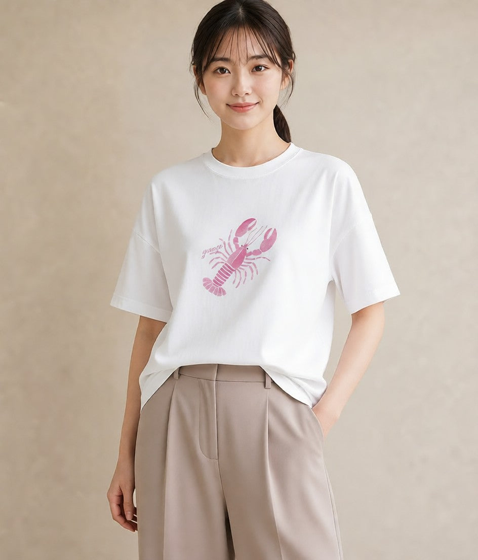 プリントTシャツ レディース エビ 海の生き物 海 イラスト 北欧風 旅行 母娘コーデ 白T YMAZO