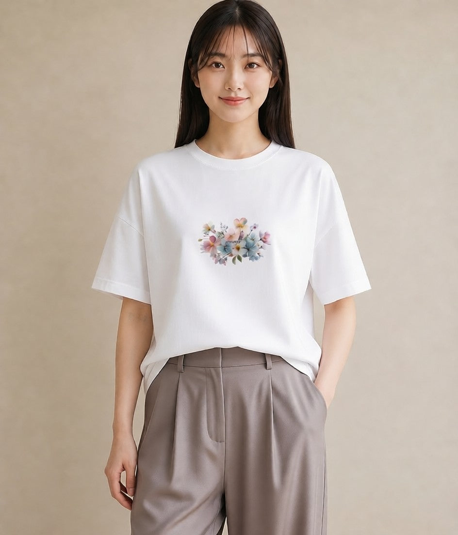 グラフィックTシャツ レディース パンジー 花 花柄 イラスト ガーリー 送別ギフト 通勤 白T YMAZO